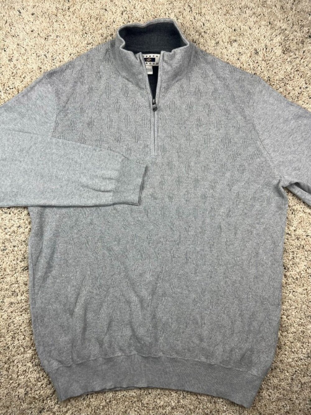 Joseph Abboud 1/4 Zip Sweater Mens Large Gray Cotton Cashmere Textured Diamond